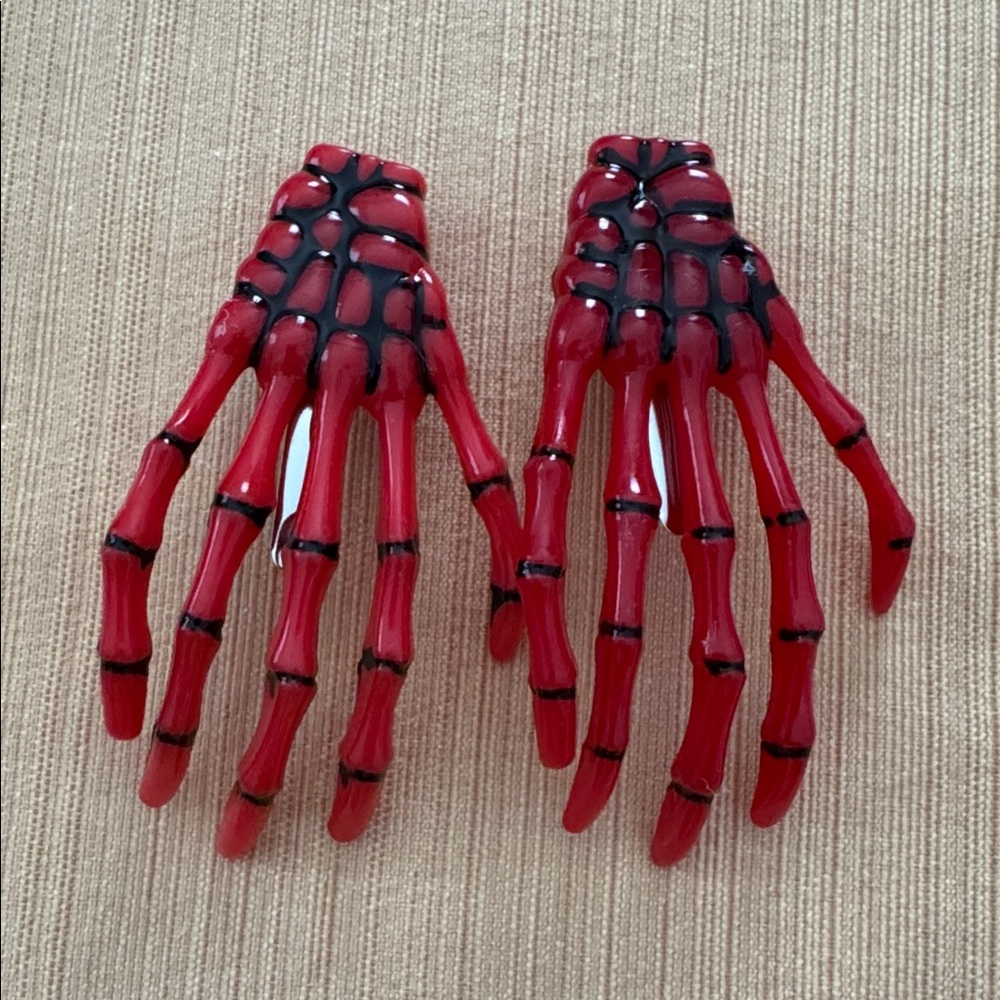 Red black skeleton hand bones pins clips women or girls Halloween new 2 pieces!